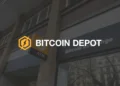 Bitcoin Depot logo overlaid on a darkened storefront photo showing a Bitcoin ATM and Bitcoin Exchange signage