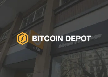 Bitcoin Depot logo overlaid on a darkened storefront photo showing a Bitcoin ATM and Bitcoin Exchange signage