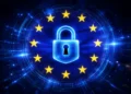 EU flag with a digital padlock symbol representing cybersecurity