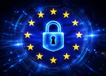 EU flag with a digital padlock symbol representing cybersecurity