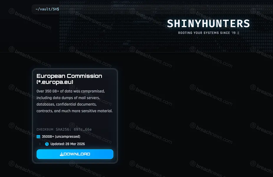 ShinyHunters dark web leak site listing for the European Commission breach, showing 350GB+ of allegedly stolen data published March 28, 2026.