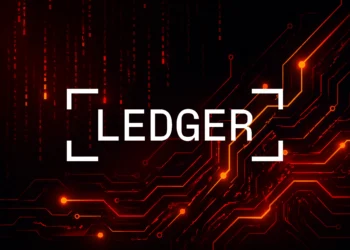 Ledger logo overlaid on a dark red circuit board background representing the fake Ledger Live app on Apple's App Store that stole $9.5 million from cryptocurrency users in April 2026