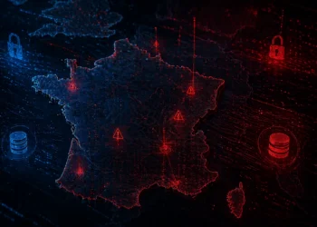 Stylized digital map of France glowing with red warning markers, lock and database icons, and flowing data lines against a dark blue and red cybersecurity-themed background.