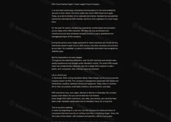 Screenshot of the Handala claim page titled GNS Cloud Hacked Again dated April 16 2026 alleging 18 months of persistent access to Israel's largest cloud provider and backdooring of over 112,000 machines