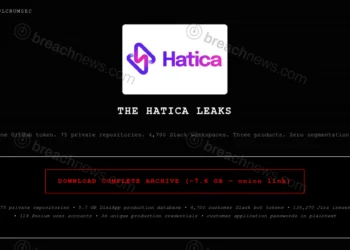 FulcrumSec leak page titled The Hatica Leaks showing the Hatica logo and a download link for a 7.6GB archive containing 75 private repositories, 4700 Slack bot tokens, and 134270 Jira issues