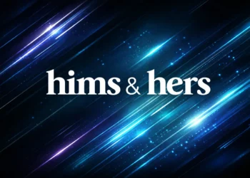 Hims & Hers logo on a dark cyber-themed background with diagonal neon lines representing a data breach
