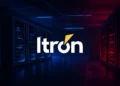Server room with blue-lit racks on the left and red-lit racks on the right, with the Itron logo centered in the foreground, symbolizing a cyberattack or compromised systems within a data center environment.