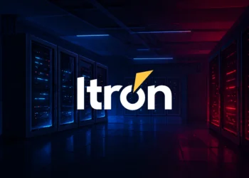Server room with blue-lit racks on the left and red-lit racks on the right, with the Itron logo centered in the foreground, symbolizing a cyberattack or compromised systems within a data center environment.