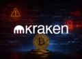 Dark cyberpunk-style background featuring glowing red and blue digital network lines, warning icons, and a padlock symbol, with a gold Bitcoin coin centered in the foreground to represent cryptocurrency and cybersecurity risk.