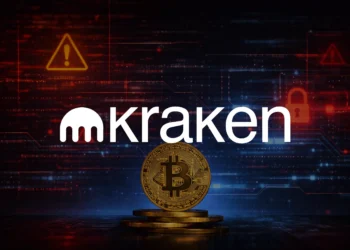 Dark cyberpunk-style background featuring glowing red and blue digital network lines, warning icons, and a padlock symbol, with a gold Bitcoin coin centered in the foreground to represent cryptocurrency and cybersecurity risk.