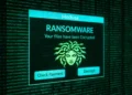 Medusa ransomware warning displayed on a computer screen, showing a terminal-style background with green code, a Medusa logo, and an alert stating that files have been encrypted with options to check payment or decrypt.