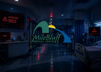 Dark hospital corridor with cyberattack warning screens and red alert overlays, featuring the Mile Bluff Medical Center logo centered over a dimly lit clinical environment with medical equipment and empty patient beds.