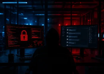 Dark office cybersecurity scene with dual computer monitors in a dimly lit room, one displaying ransomware-style code and warning graphics, the other showing a negotiation chat interface, with blue and red lighting casting a shadowy figure between the screens.