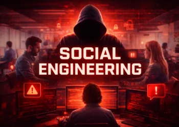 Social engineering attack concept with hooded figure and office setting