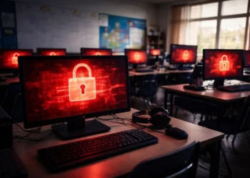 School computer lab showing ransomware lock screens on multiple monitors