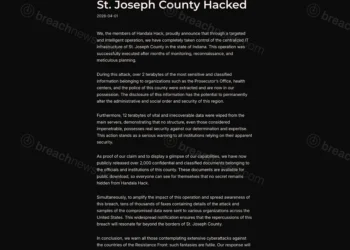 Screenshot of the Handala Hack team's post claiming control of St. Joseph County Indiana IT infrastructure, alleging 2TB of data stolen and 12TB wiped from servers