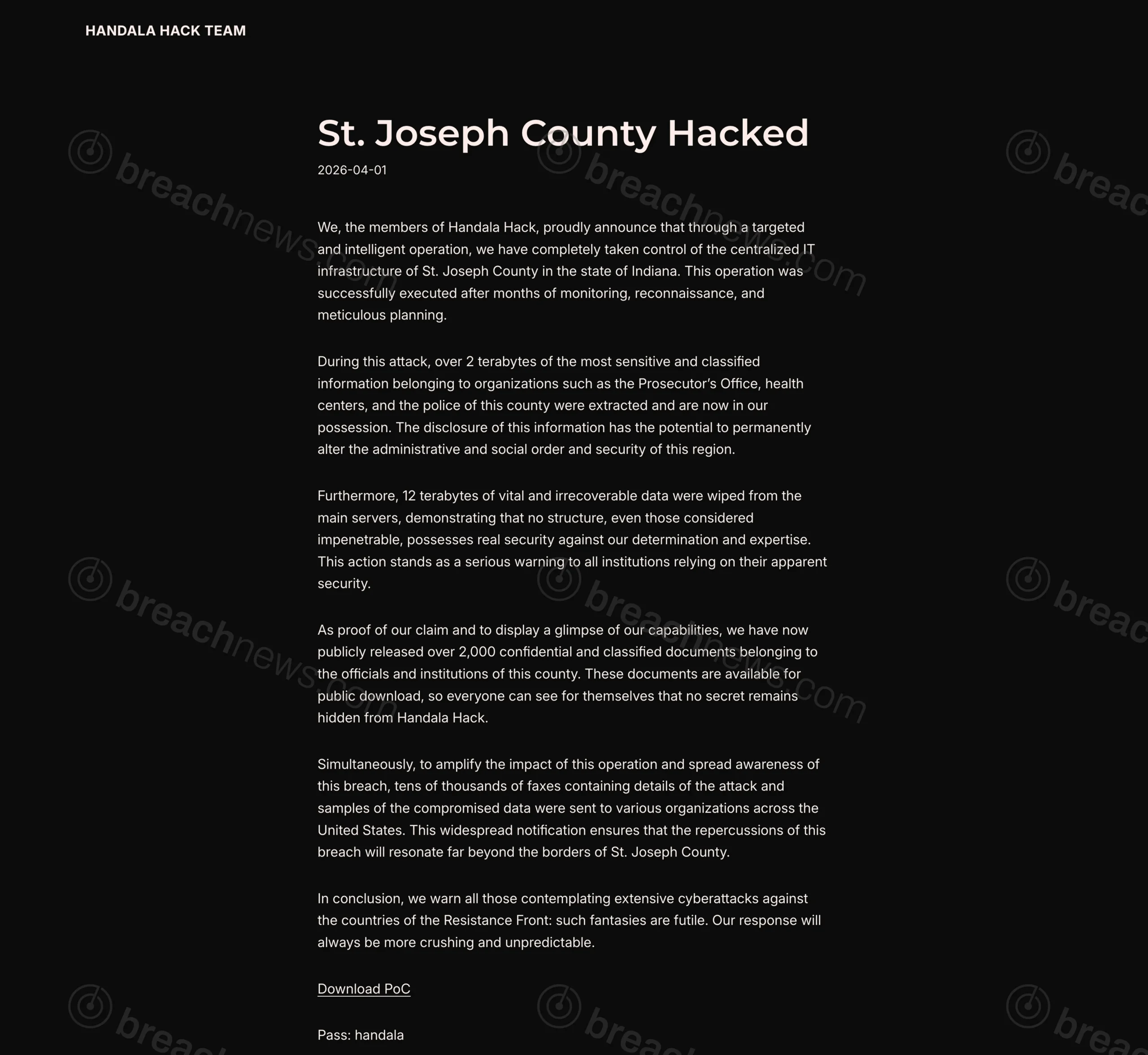 Handala Hack leak site listing alleged St. Joseph County Indiana breach with stolen data claims