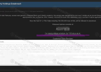 Screenshot of a cybercrime forum post claiming a data breach of Standard Bank and Liberty Holdings, showing the claim of 1.2TB of exfiltrated data including 154 million SQL rows, with download links and data preview redacted