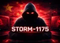 Storm-1175 hacker-themed cyber threat image with red digital background