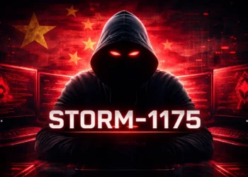 Storm-1175 hacker-themed cyber threat image with red digital background