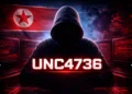 UNC4736 cyber threat actor depicted as a hooded figure with red-lit monitors and North Korean flag in the background