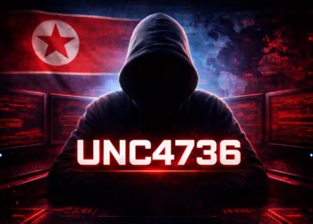 UNC4736 cyber threat actor depicted as a hooded figure with red-lit monitors and North Korean flag in the background