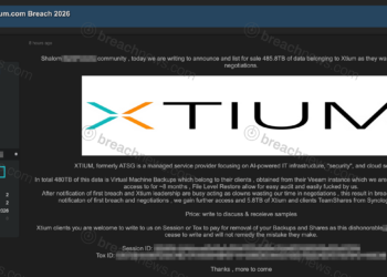 Dark web forum post claiming data breach involving Xtium. Potential sensitive information redacted