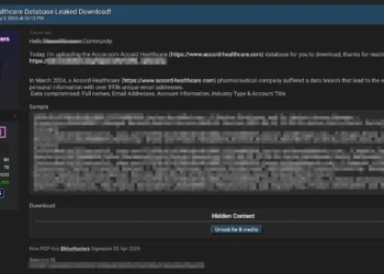 Screenshot of a forum post by ShinyHunters claiming release of an Accord Healthcare database, showing breach details, links, data description, and sample data