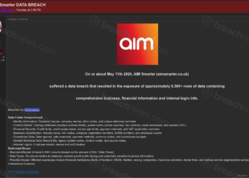 Screenshot of a forum post claiming AimSmarter suffered a data breach exposing business financial records, customer information, and internal employee login hashes.