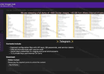 Screenshot of an underground forum post claiming to release approximately 500 Docker images allegedly sourced from Allianz internal infrastructure, with portions of the service listing redacted.