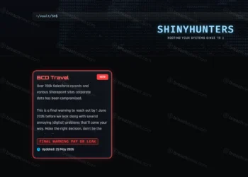 Screenshot of the ShinyHunters leak site displaying a listing for BCD Travel. The post claims that more than 700,000 Salesforce records and data from multiple corporate SharePoint sites were compromised. The listing includes a June 1, 2026 deadline and a warning that the company faces a pay-or-leak ultimatum.