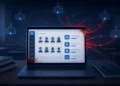 Minimal illustration of a laptop displaying a classroom management dashboard, with subtle red glitch effects and data streams leaking from the screen into a network of connected schools in the background, representing a cybersecurity breach.