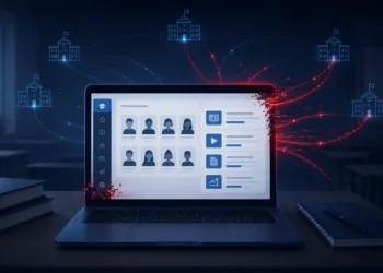 Minimal illustration of a laptop displaying a classroom management dashboard, with subtle red glitch effects and data streams leaking from the screen into a network of connected schools in the background, representing a cybersecurity breach.
