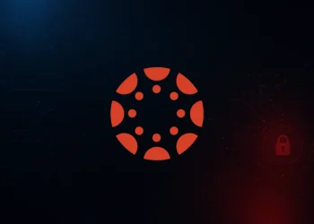A minimal dark-themed cybersecurity background with subtle blue and red network patterns, glowing breach indicators, and abstract digital infrastructure elements, featuring the Canvas LMS logo centered.