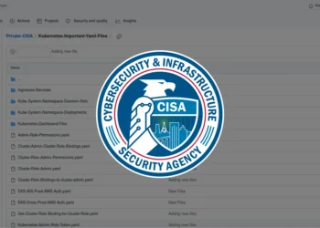 CISA logo over a blurred screenshot of the publicly exposed “Private-CISA” GitHub repository first reported by KrebsOnSecurity. The repository interface displays folders and Kubernetes configuration files allegedly tied to internal CISA infrastructure.