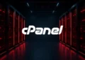 cPanel logo centered in a dark server room with red illuminated racks, depicting a high-risk hosting infrastructure security incident