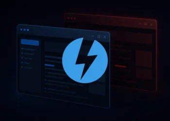 DAEMON Tools logo centered over two overlapping application windows, one in blue and one in red, representing a compromised and clean version of software in a supply chain attack scenario.