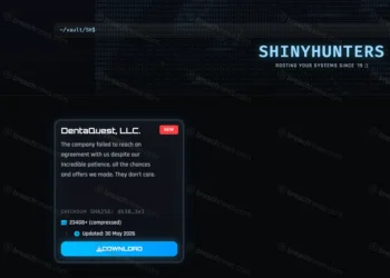 Screenshot of the ShinyHunters leak site showing a listing for DentaQuest, LLC. The entry claims the company failed to reach an agreement with the threat actor and alleges that more than 234 GB of compressed data has been released. A download button and SHA256 checksum are displayed alongside the listing.