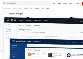 Dark-themed illustration showing overlapping GitHub, npm, and Visual Studio Code interfaces with source code windows and dependency-style connections representing modern software supply chain attacks targeting developer ecosystems.