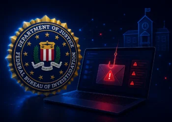 FBI phishing warning illustration beside laptop with cyber threat alerts on dark blue background