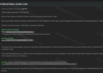 Screenshot of a cybercrime forum post advertising alleged GitHub internal source code and private repositories for sale by a user claiming affiliation with TeamPCP.