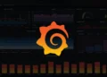 Grafana logo displayed over a dark analytics dashboard interface showing system monitoring charts, performance graphs, and infrastructure metrics.