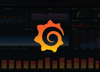 Grafana logo displayed over a dark analytics dashboard interface showing system monitoring charts, performance graphs, and infrastructure metrics.