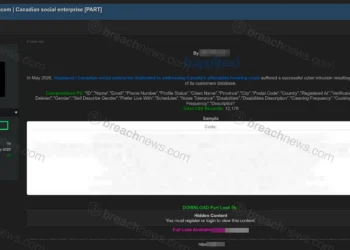Screenshot of a forum post claiming Happipad, a Canadian affordable housing platform, suffered a database breach exposing 12,178 user records containing profile information, housing preferences, and disability-related fields.