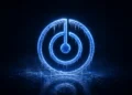 Frozen logo icon glowing in icy blue on a dark cyber-themed background with frost and icicles surrounding the symbol