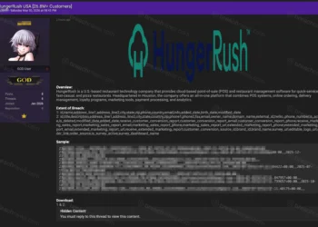 Screenshot of a forum post in which a threat actor claims to possess a HungerRush database containing more than 26.8 million customer records. The post includes alleged database schemas, blurred sample records, and references to downloadable data. Sensitive information has been redacted by BreachNews.