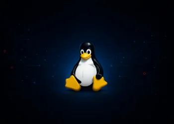 Tux Linux penguin on dark cyber-themed background with glowing blue network lines and subtle red accents