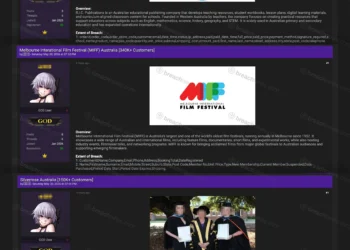 Composite image showing three alleged data breach listings posted by the same threat actor targeting Australian organizations. The overlapping screenshots feature claims involving Melbourne International Film Festival (340K+ records), Silver Rose (150K+ records), and R.I.C. Publications (116K+ records), each displayed as forum sale listings with purported customer database details.