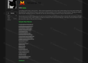 Screenshot of a forum post allegedly published by TeamPCP offering internal Mistral AI repositories and source code for sale, including references to AI infrastructure and enterprise development projects.