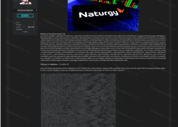 Screenshot of a forum post advertising the alleged sale of a Naturgy customer database. The seller claims the dataset contains records belonging to 1.6 million Spanish citizens, including personal information, utility account details, and IBAN banking data. The post includes a detailed database schema and a blurred sample of customer records. Sensitive information has been redacted by BreachNews.